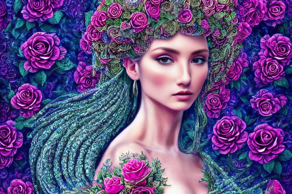 Digital artwork of woman with floral crown and roses in hair