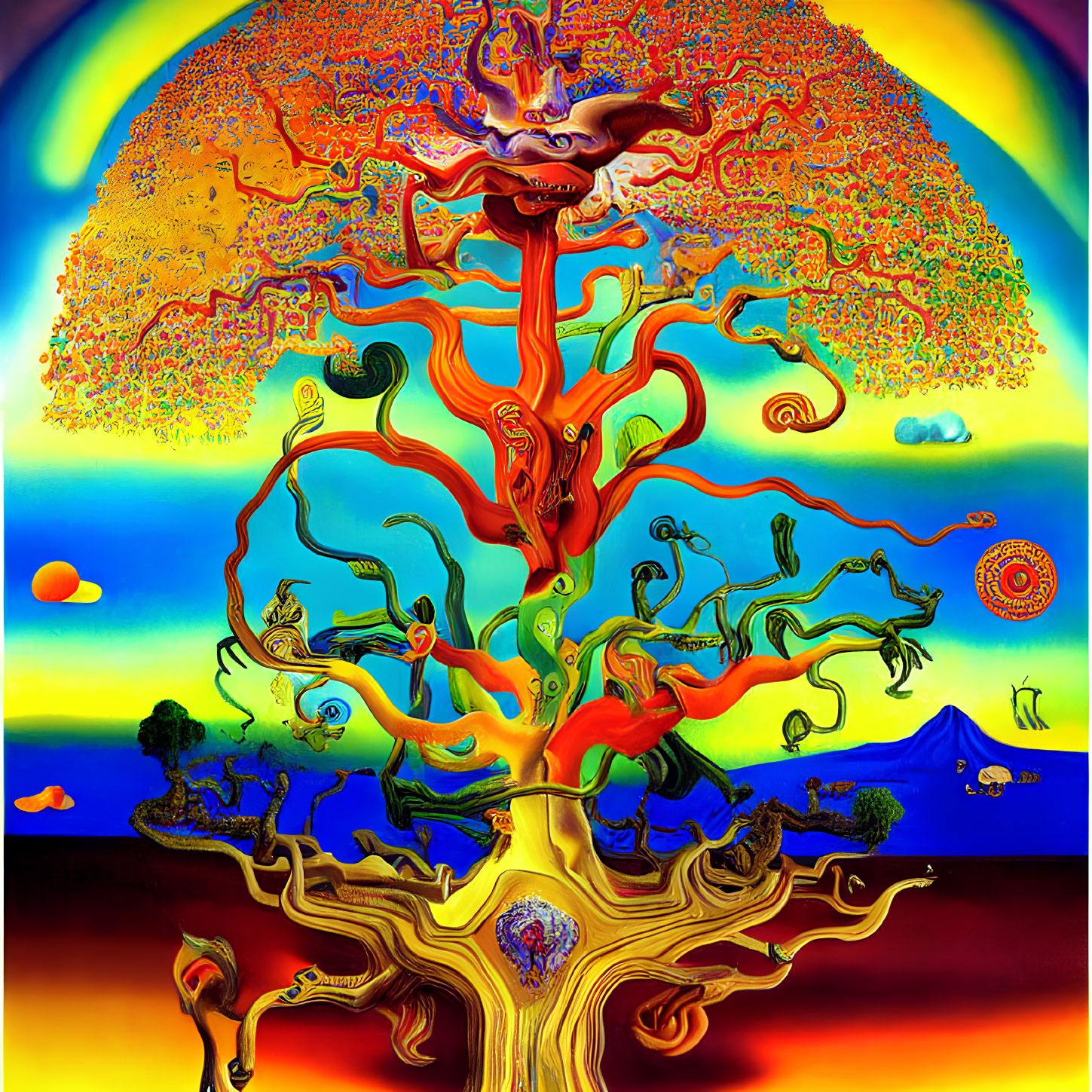 Colorful psychedelic tree with abstract branches and faces in bark