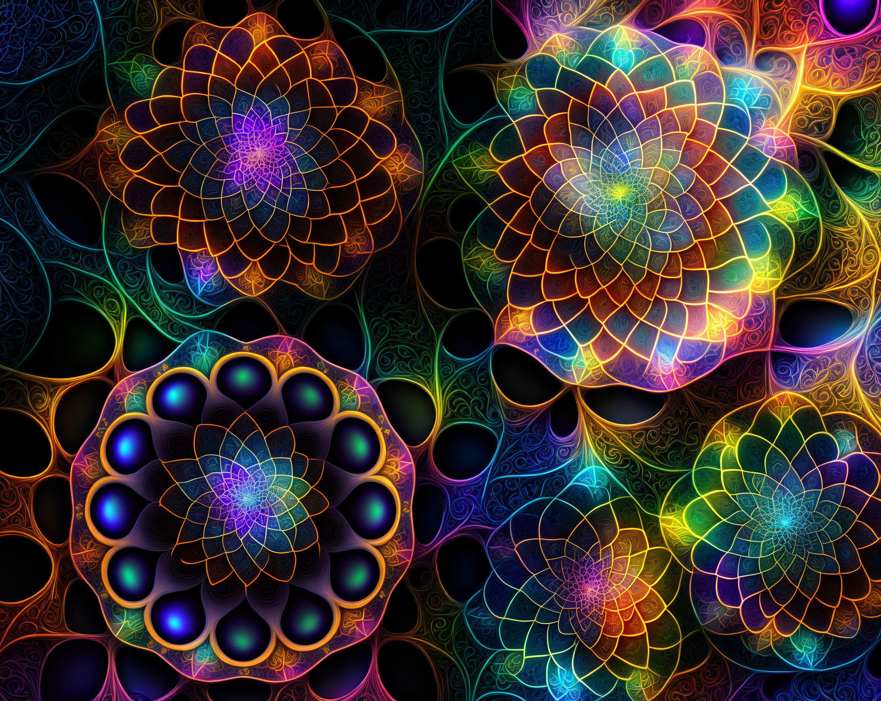 Colorful Neon-Lit Flower Patterns on Dark Background