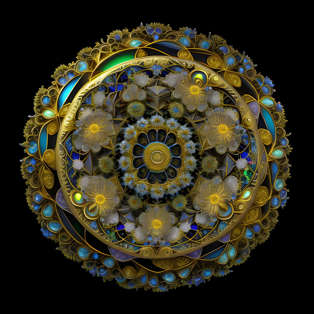 Symmetrical Gold and Blue Fractal Design on Black Background