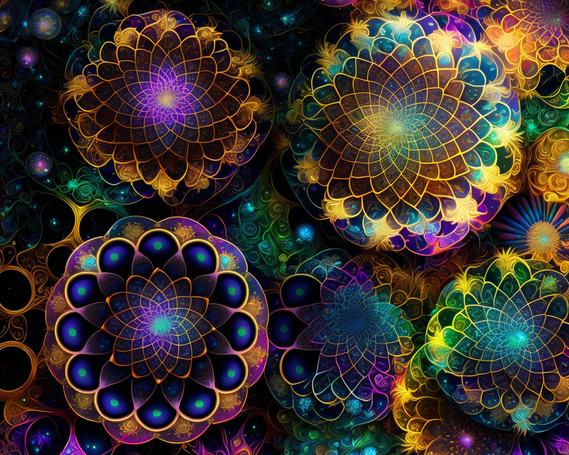 Colorful Neon Mandala Patterns on Cosmic Background