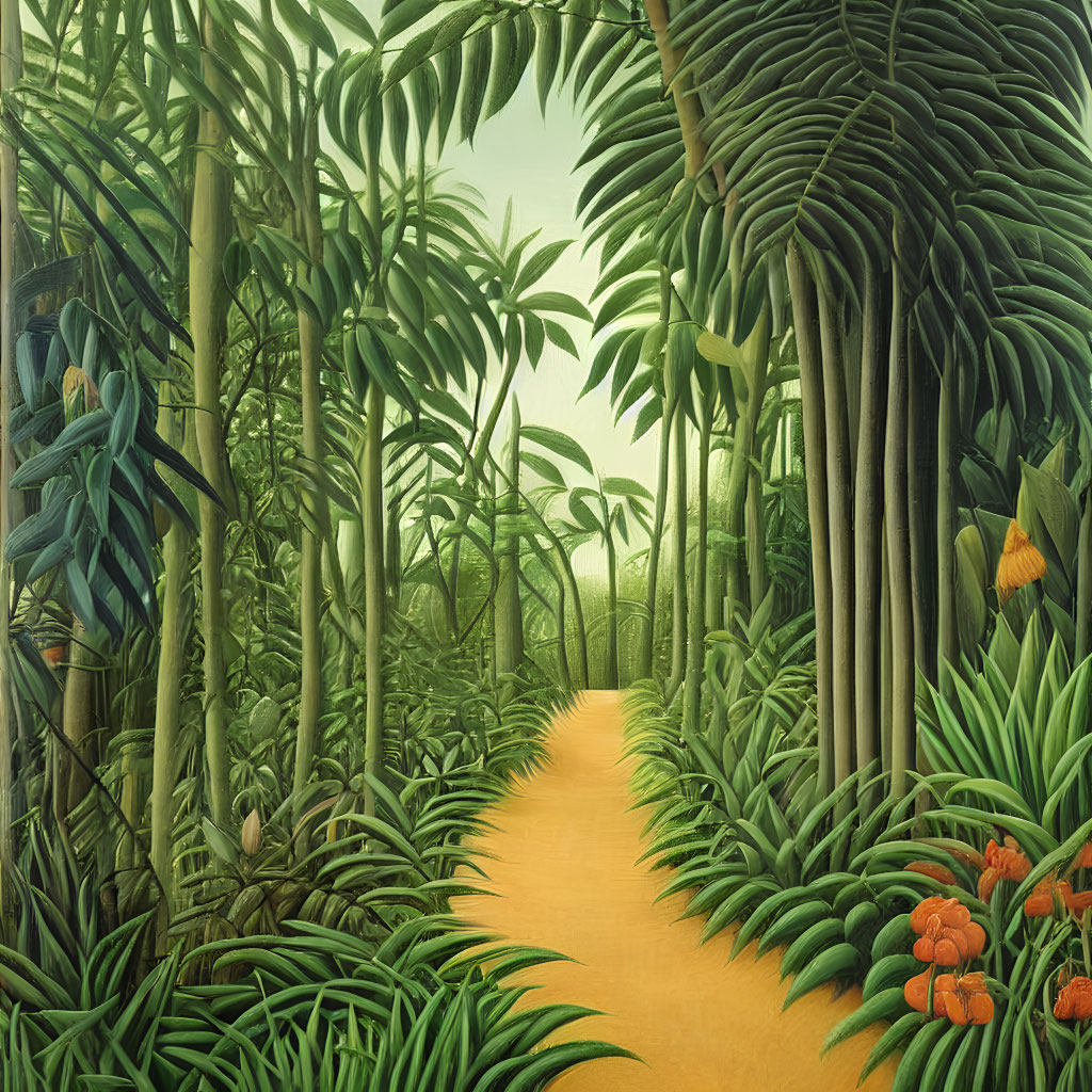 Lush Jungle Path with Dense Green Foliage and Vibrant Orange Flowers