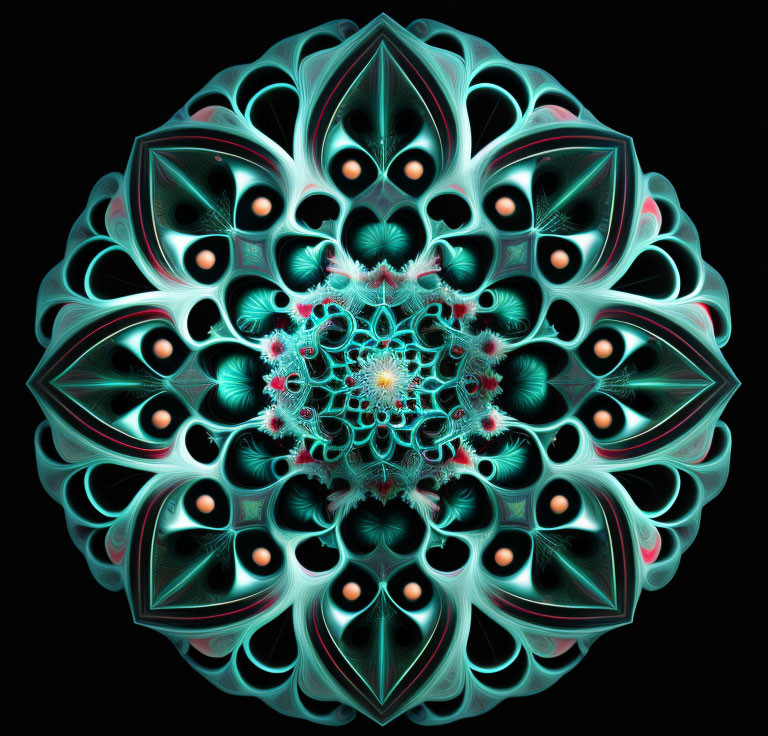 Symmetrical Teal and Peach Fractal Image in Circular and Floral Motifs