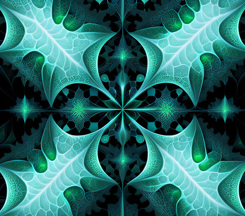 Symmetrical Fractal Design in Blue and Green with Leaf-like Shapes