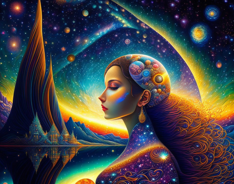 Illustration of woman's profile with cosmic and terrestrial elements