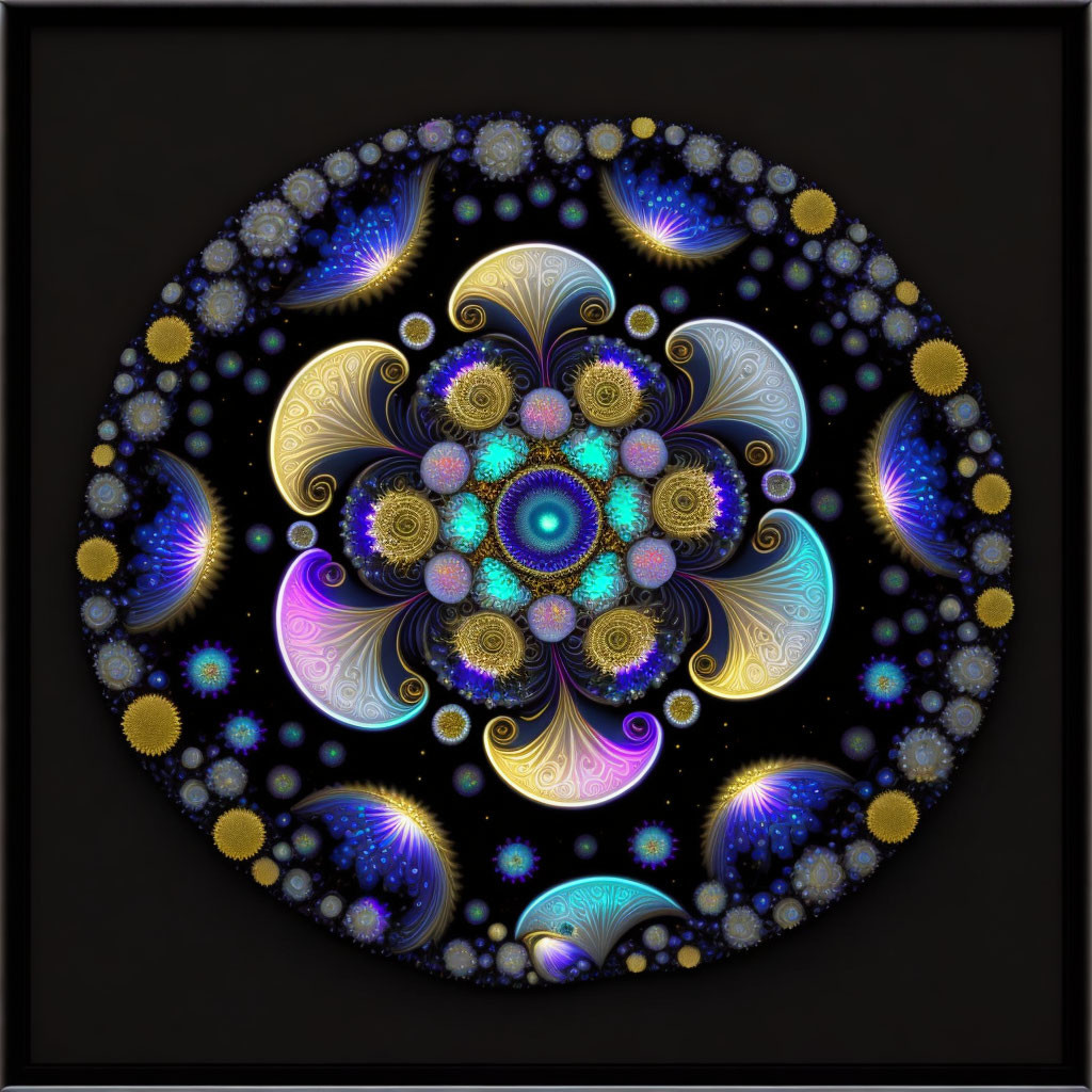 Circular Fractal Image with Blue, Gold, and Purple Symmetrical Patterns