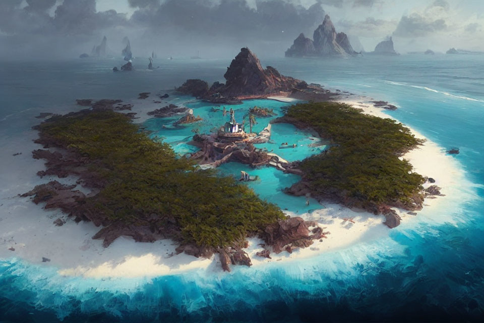 Tranquil island with forests, peaks, and lagoons around a central structure