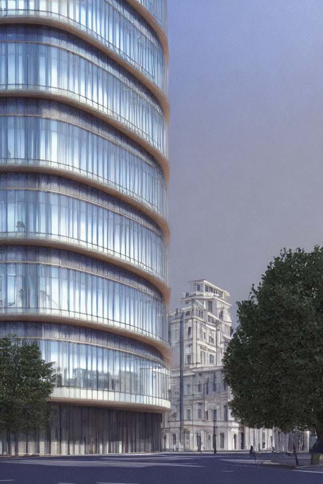 Glass Skyscraper with Curved Facade Next to White Stone Building