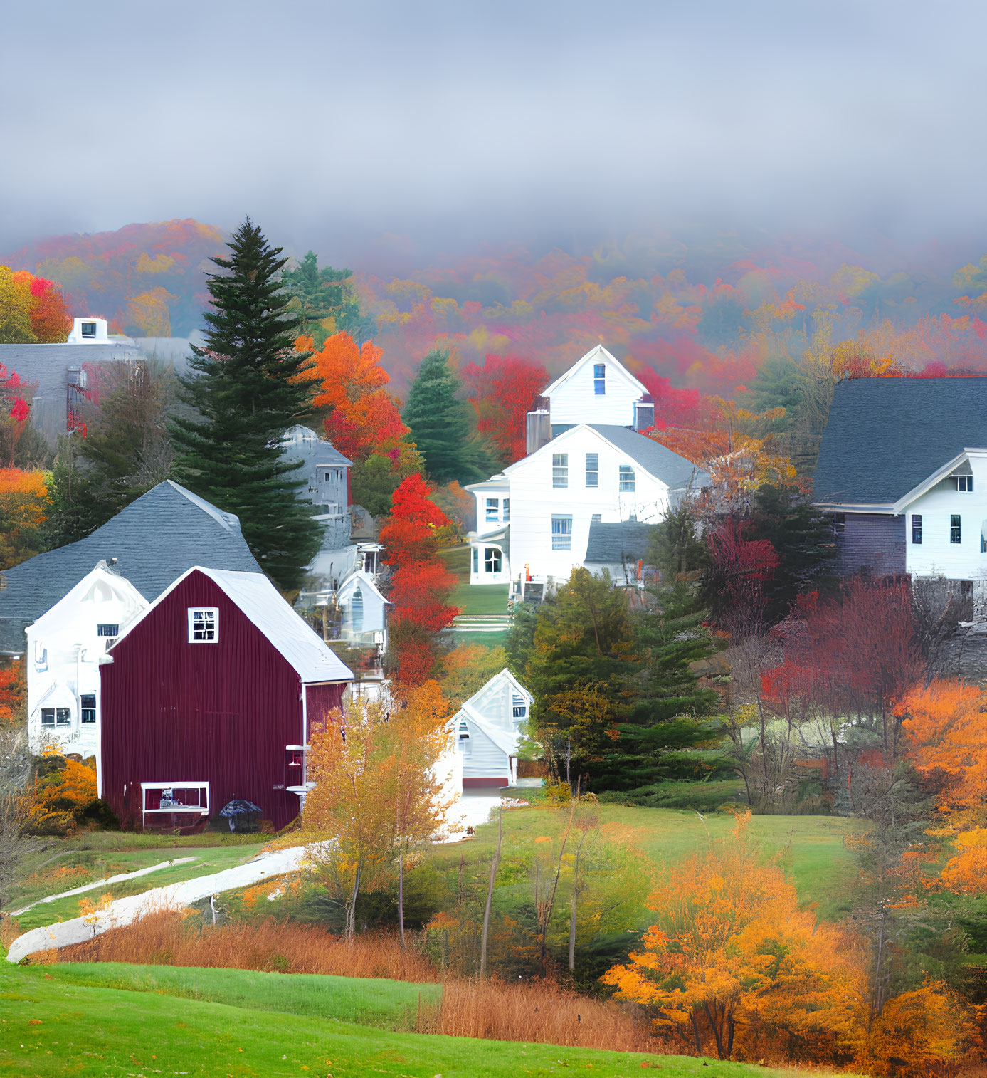 Colorful Autumn Foliage and Rural Town with Red Barn