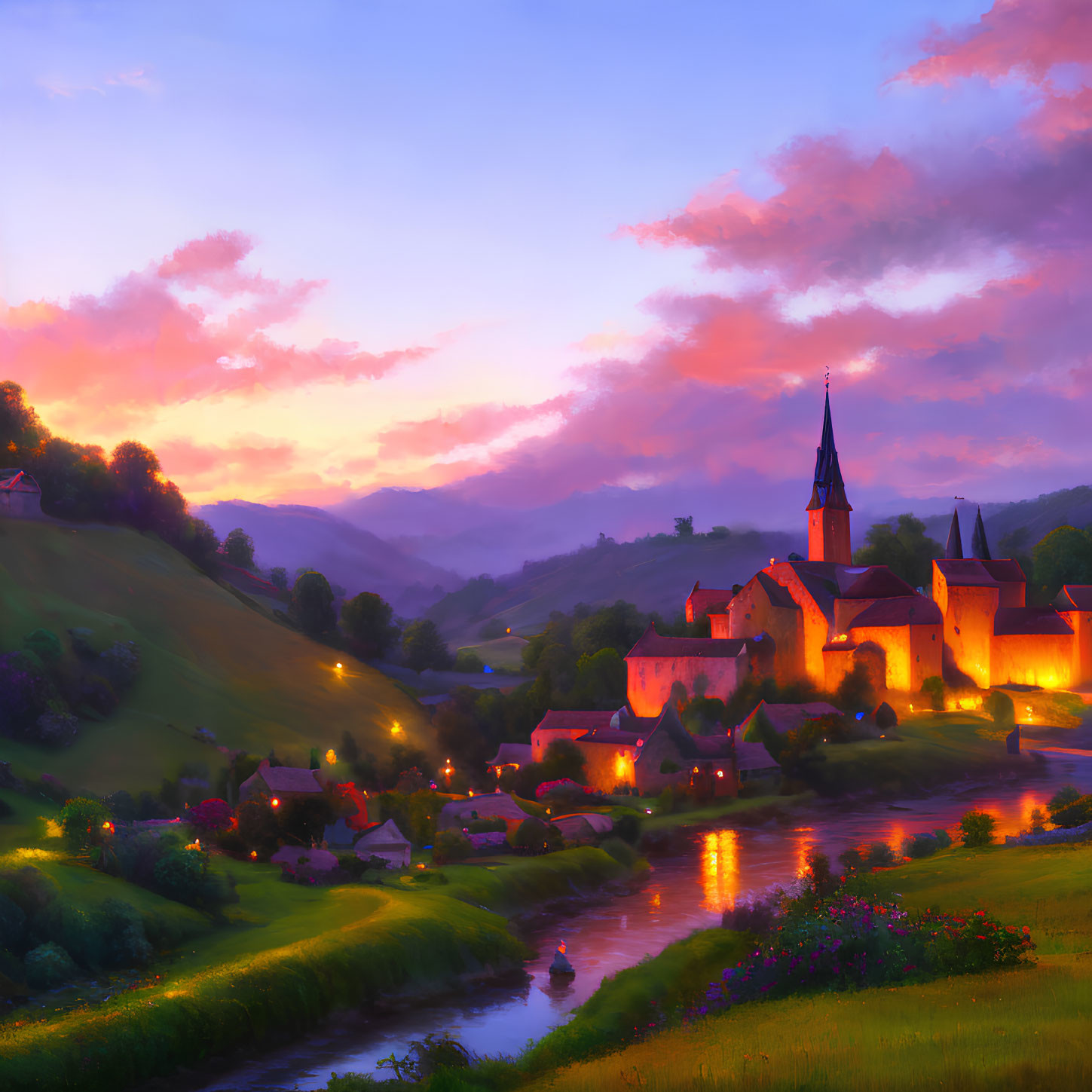 Picturesque village with illuminated buildings at twilight in valley with river and hills under pastel sky