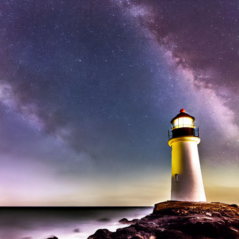 Lighthouse shining under starry night sky by ocean rocks