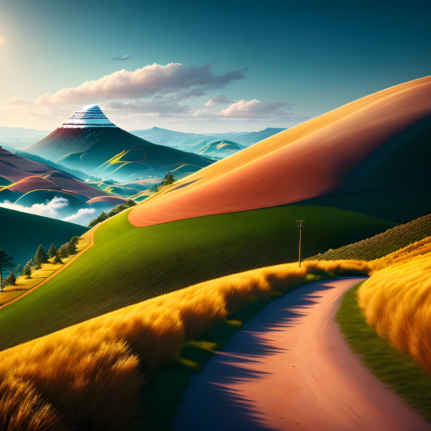 Scenic winding road through surreal golden landscape