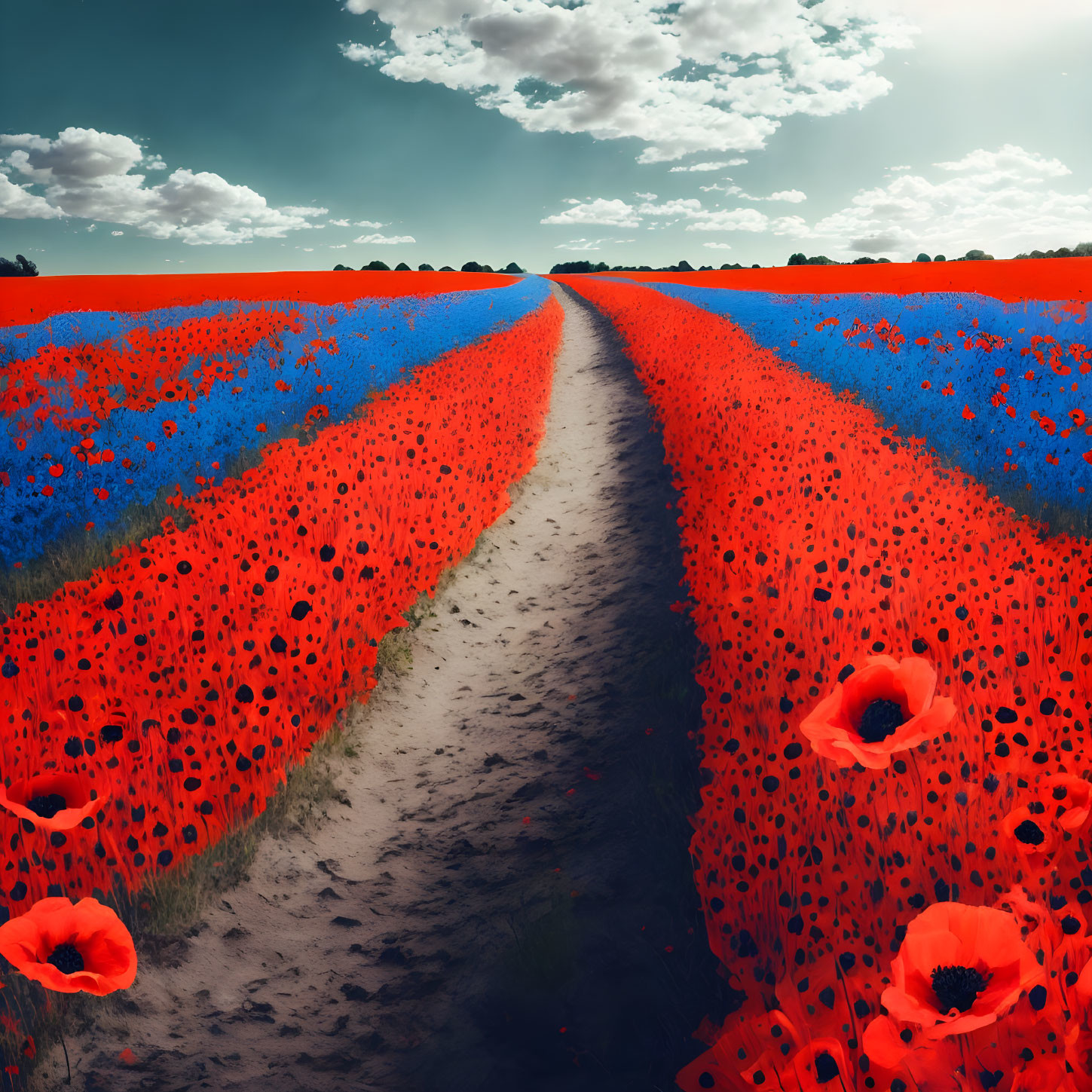 Vibrant blue and red poppy fields in surreal landscape with dramatic sky