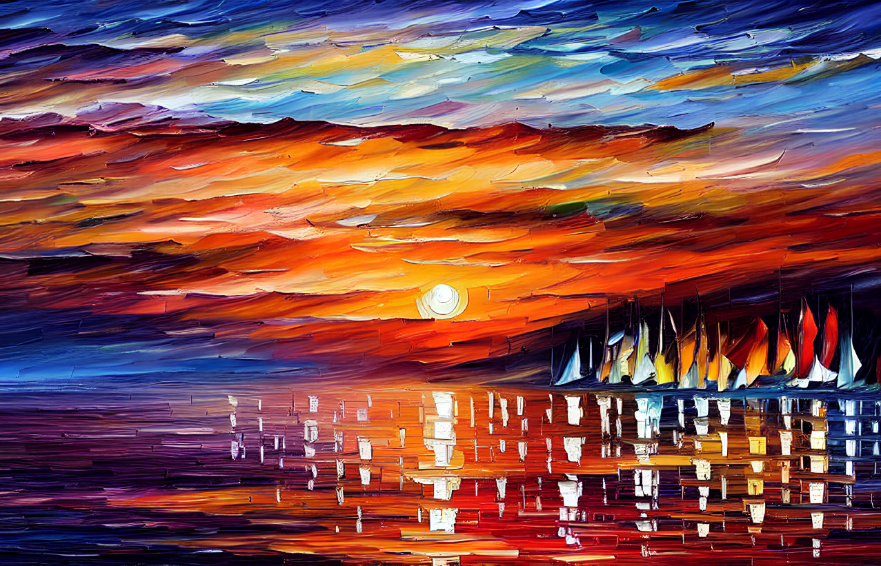 Colorful sunset oil painting with sailboat silhouettes reflecting on water