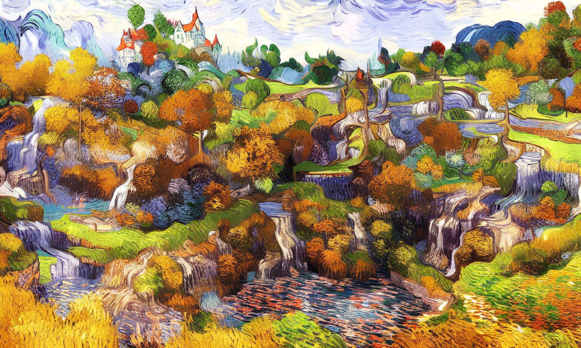 Colorful Painting of Whimsical Landscape with River, Waterfalls, and Castle