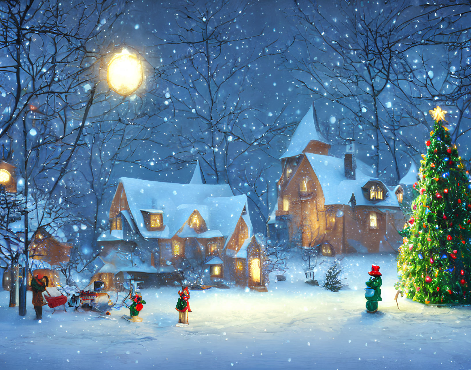 Snowy village scene: illuminated houses, Christmas tree, snowman, festive atmosphere