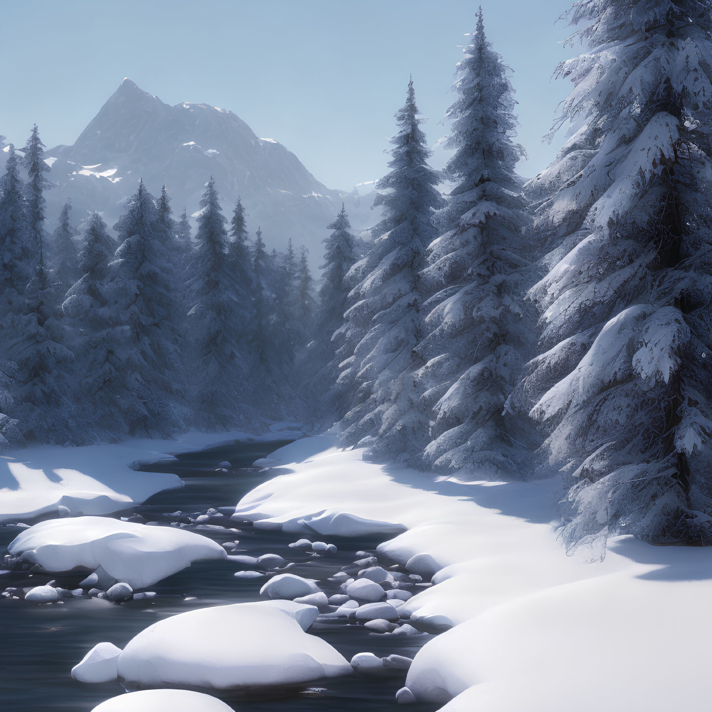 Snow-covered pines, stream, rocks, and mountain in serene winter landscape