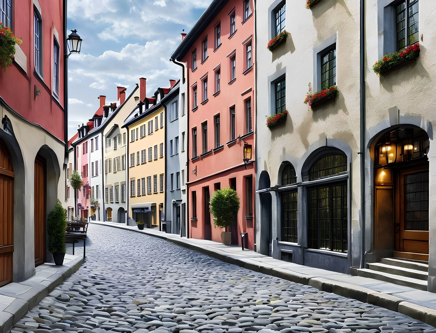 Vintage European Buildings on Cobblestone Street with Hanging Flower Pots