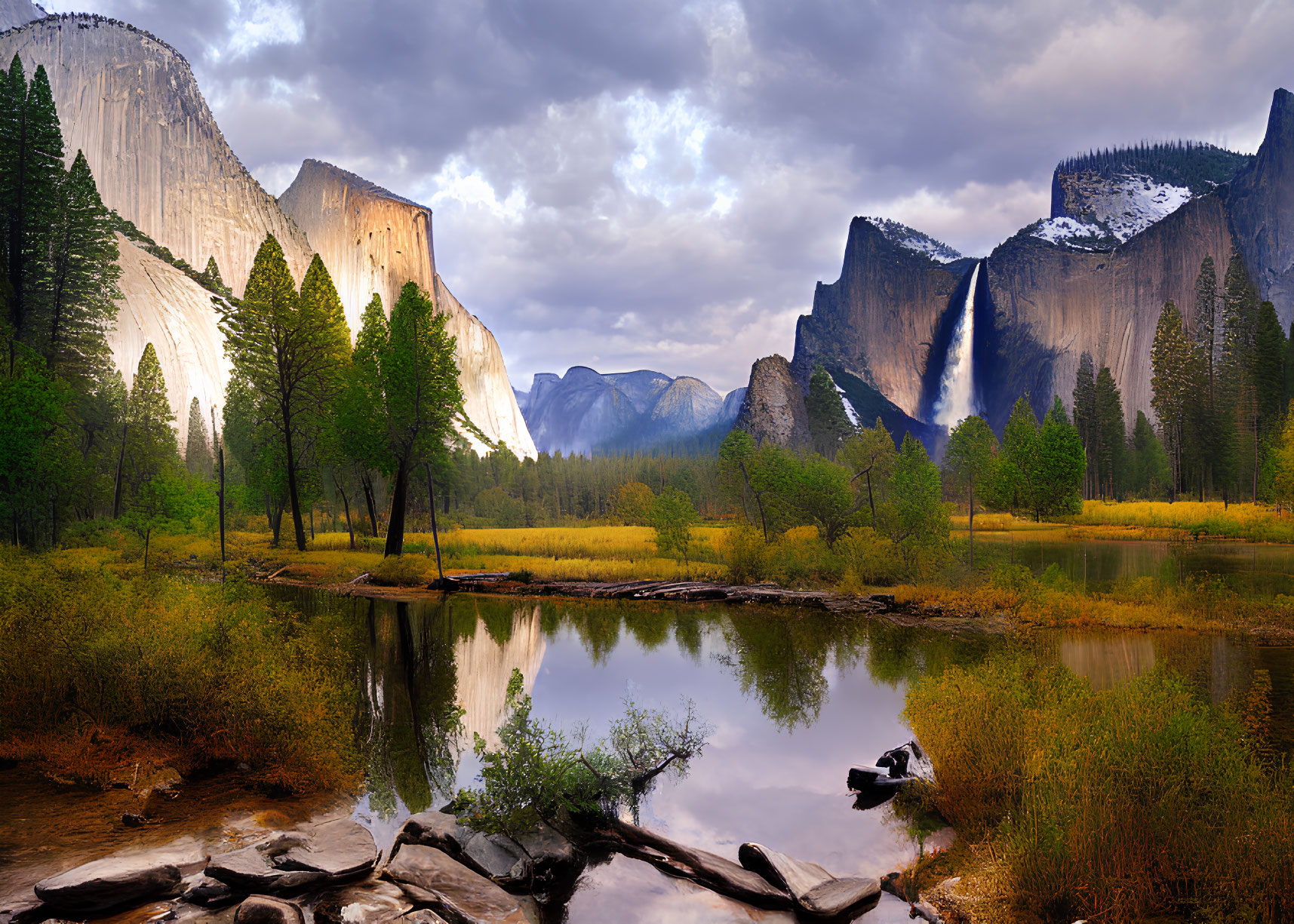 Scenic valley with reflective river, towering cliffs, forest, and cloudy sky