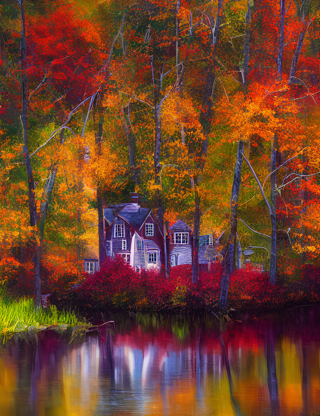 Autumn House Surrounded by Vibrant Foliage and Water Reflections