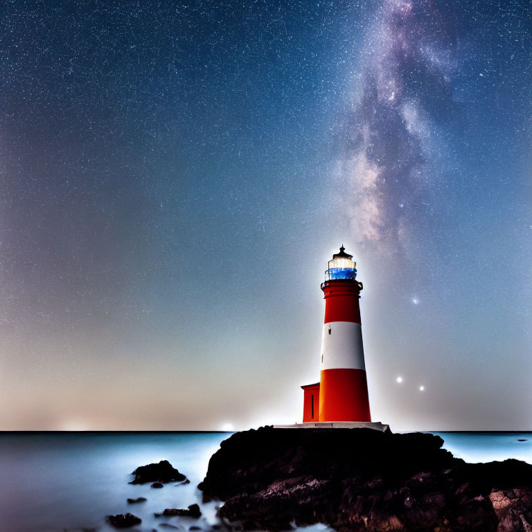 Red and white lighthouse on rocky shore under starry night sky