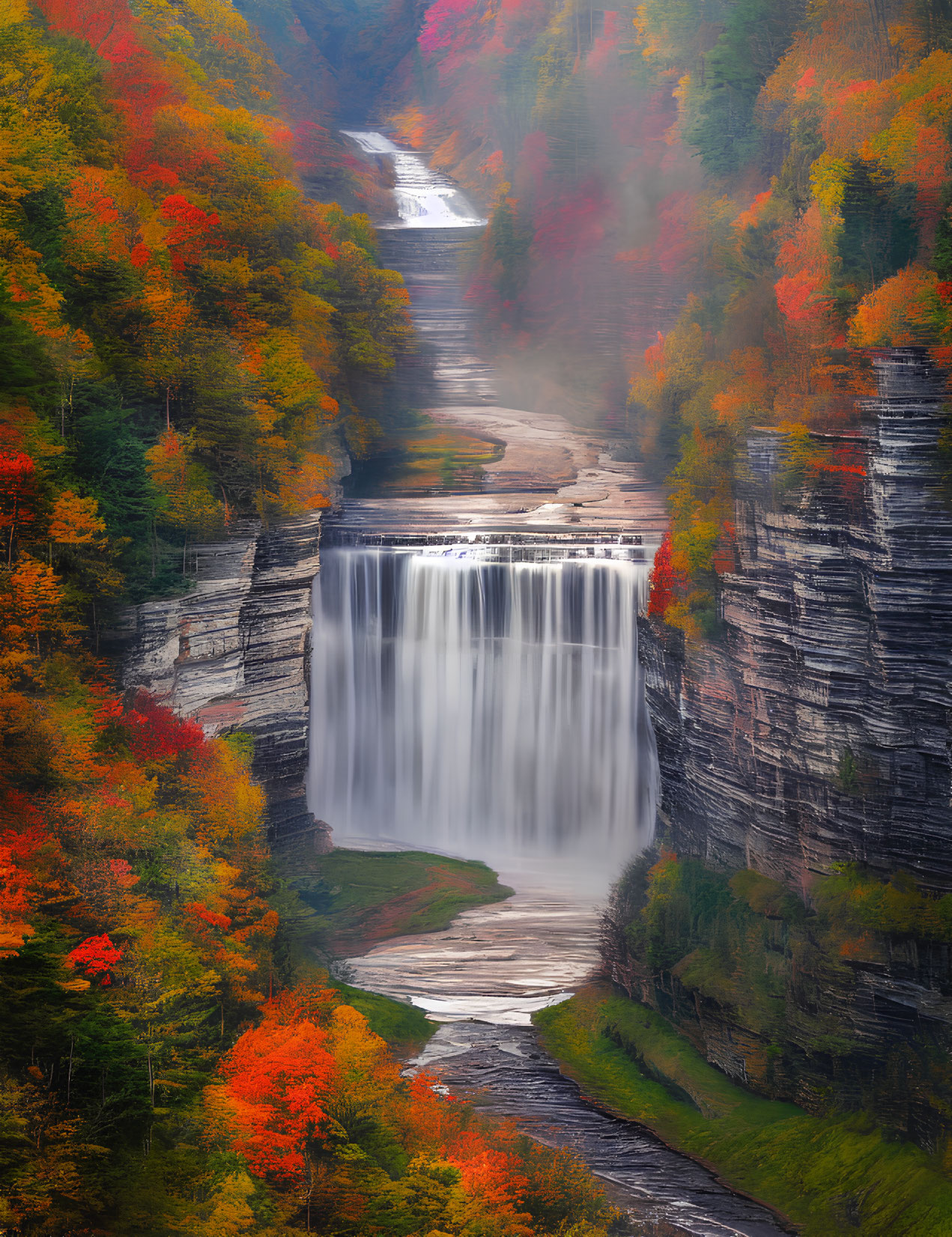 Autumn waterfall surrounded by vibrant foliage in forested canyon