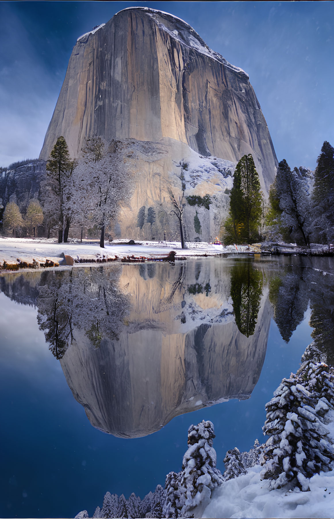 Snowy El Capitan Reflected in River with Trees and Blue Skies