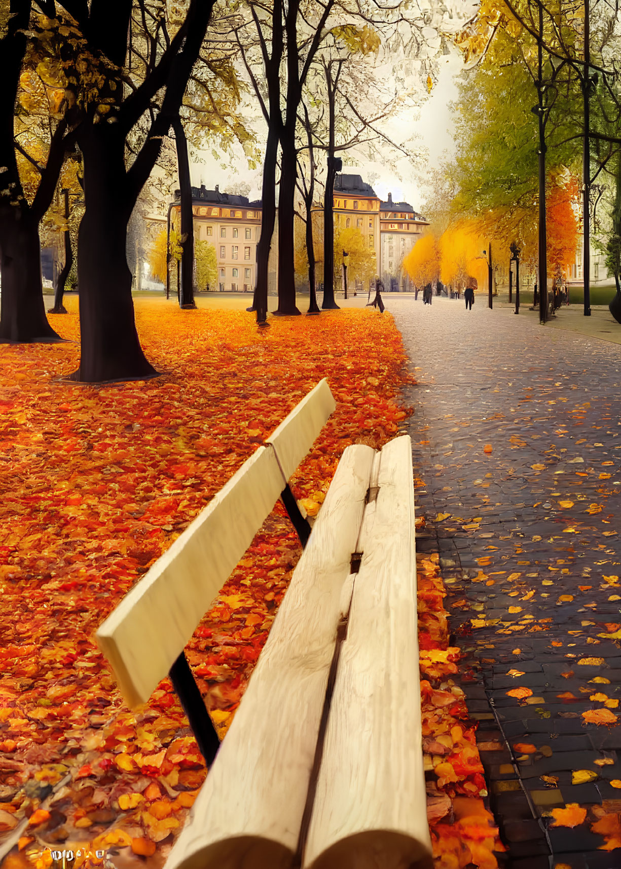 Tranquil autumn landscape with wooden bench and vibrant foliage