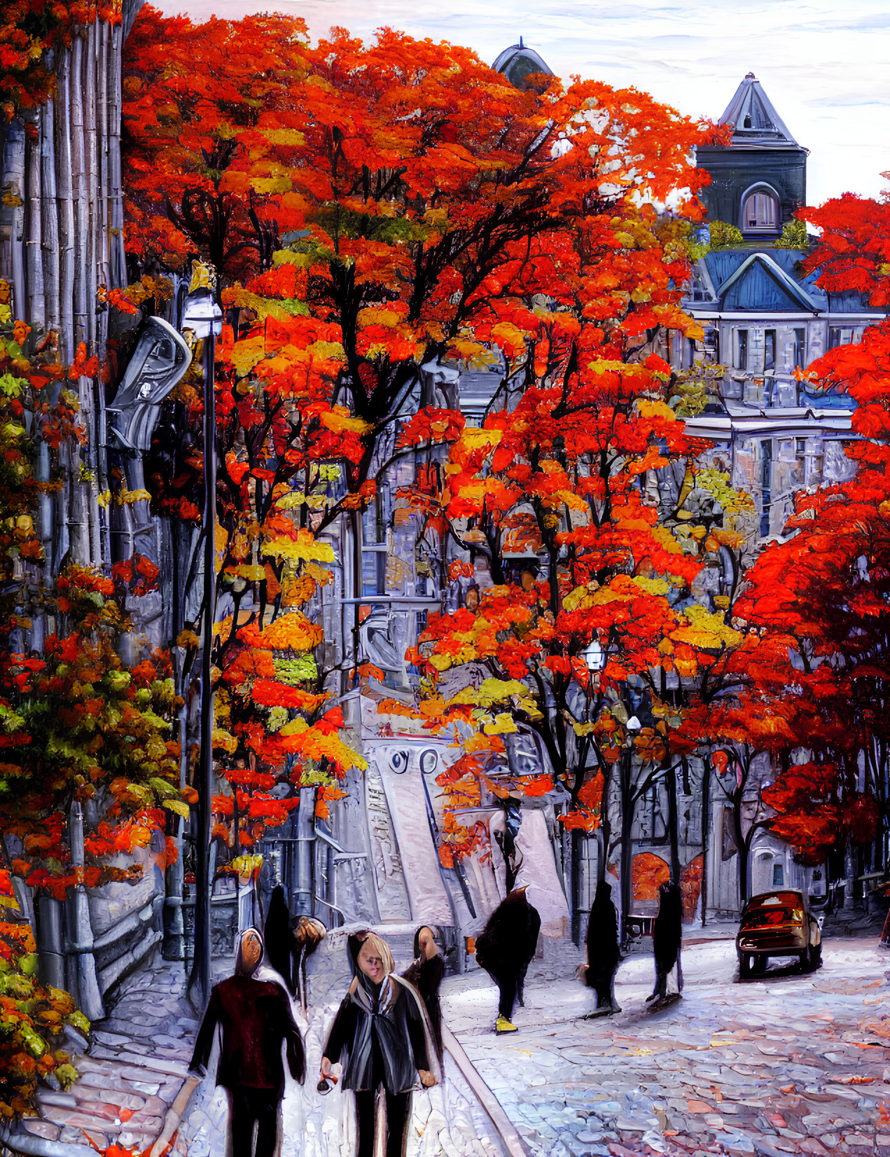 Autumn Scene: Vibrant Leaves, Cobblestone Street, Pedestrians