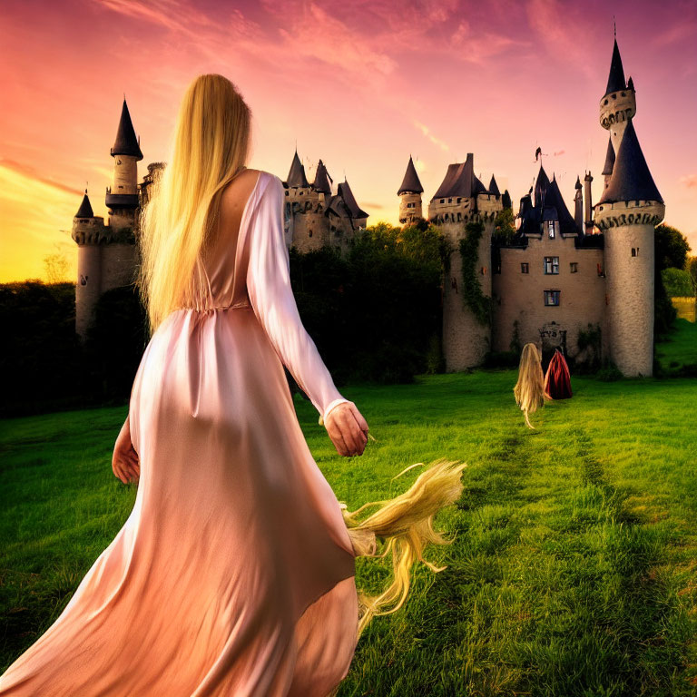 Blonde woman in pink dress walking to fairytale castle at sunset