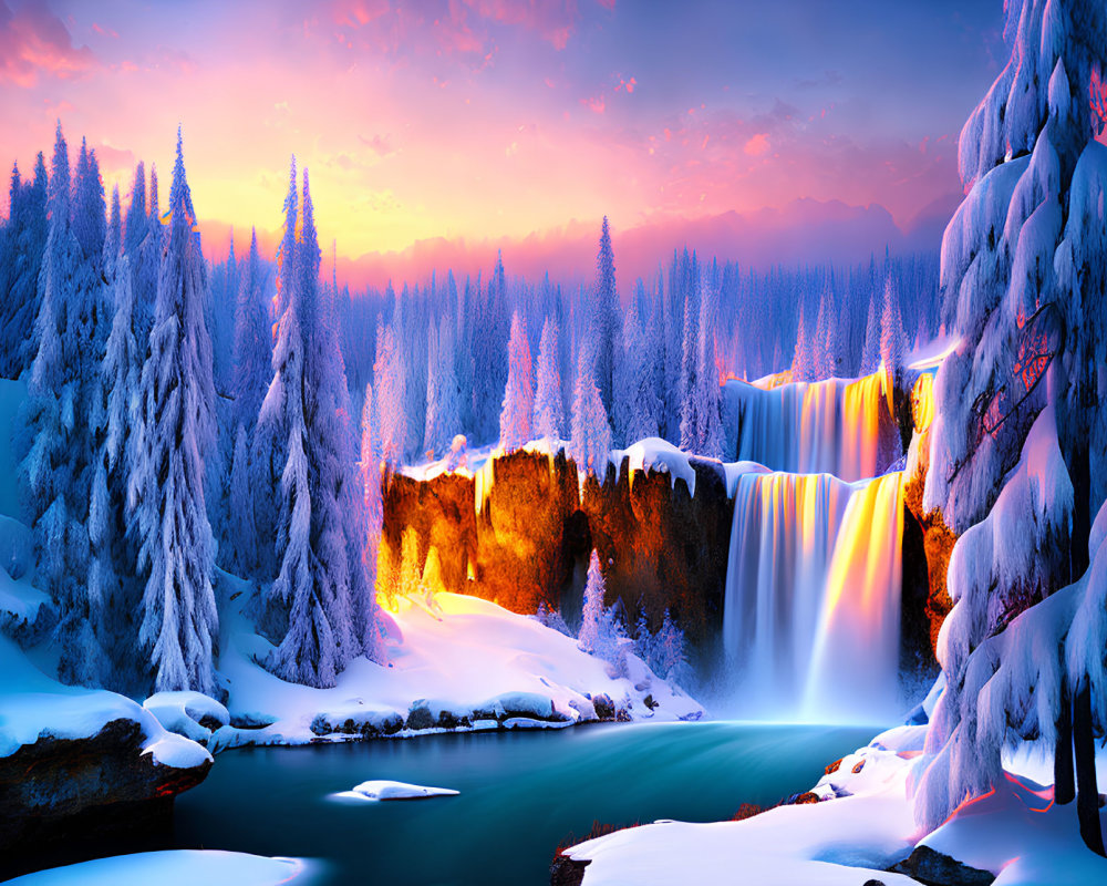 Scenic snowy landscape with sunset, waterfall, river, and pine trees