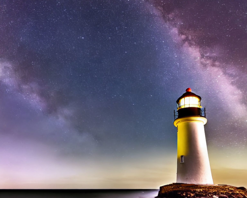 Lighthouse shining under starry night sky by ocean rocks