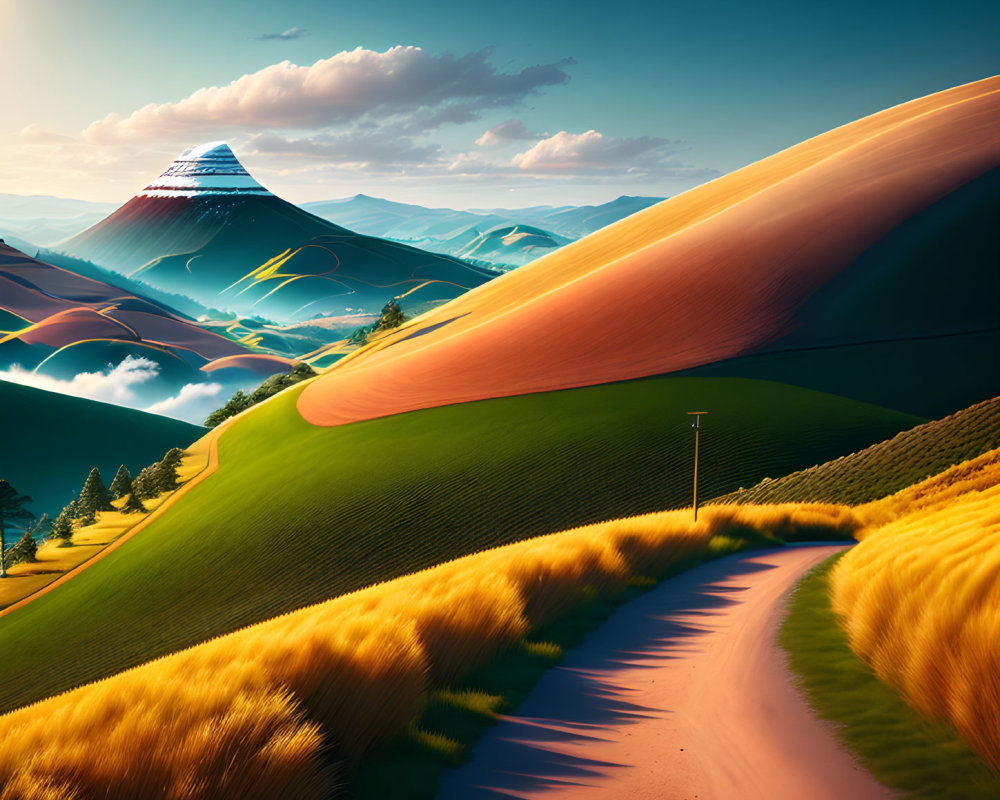 Scenic winding road through surreal golden landscape