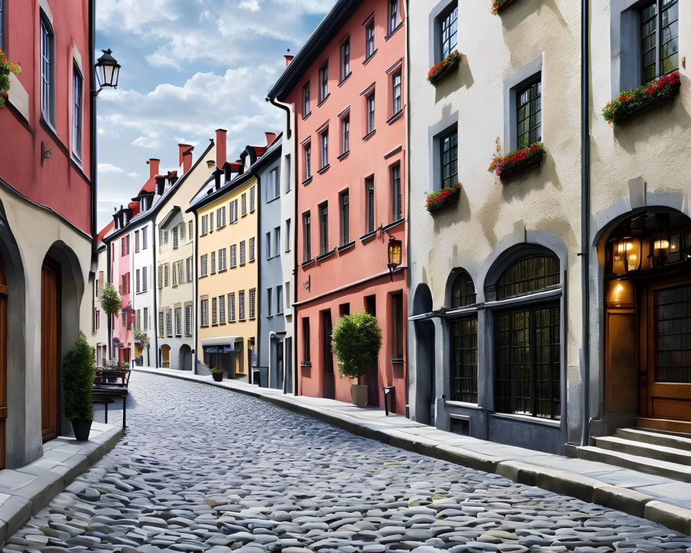 Vintage European Buildings on Cobblestone Street with Hanging Flower Pots