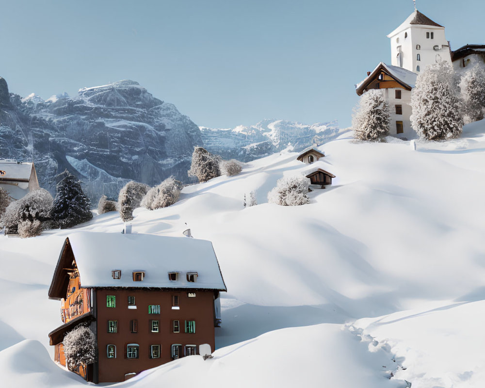 Snow-covered Alpine village with church and mountains under clear blue sky