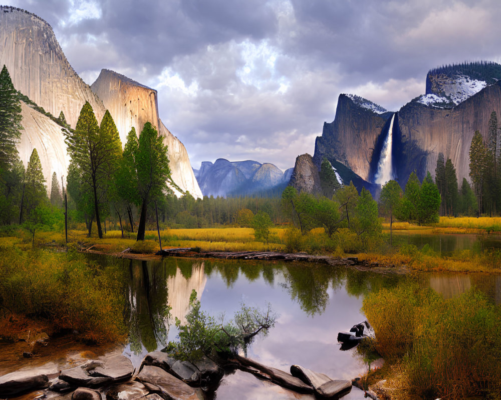 Scenic valley with reflective river, towering cliffs, forest, and cloudy sky