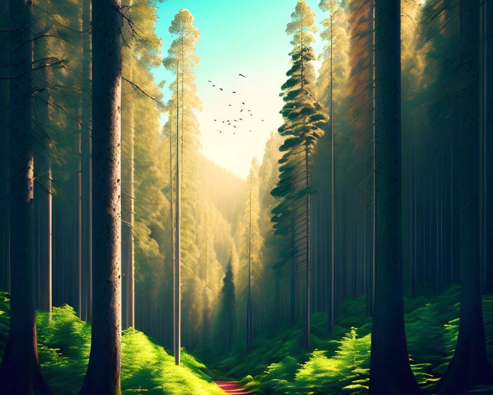 Sunlit forest with tall trees, clear path, birds in misty air