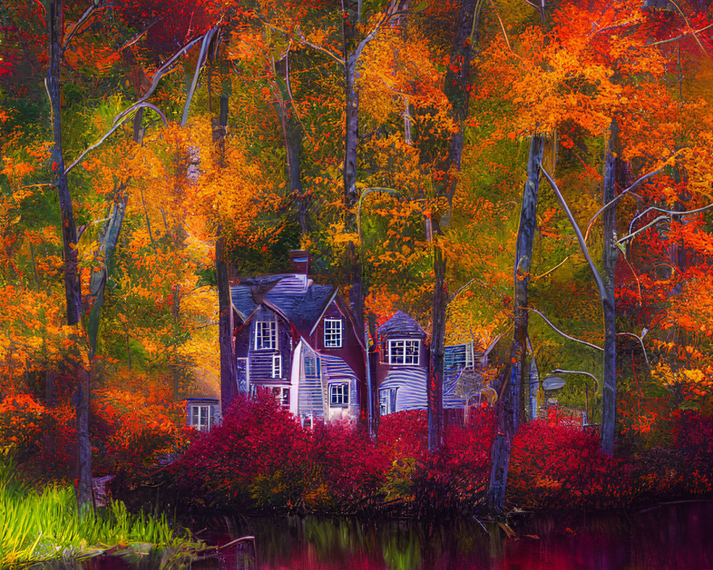 Autumn House Surrounded by Vibrant Foliage and Water Reflections