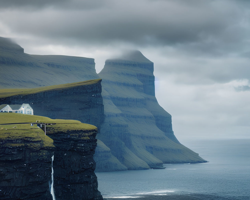 Secluded house on cliff with waterfall, under moody skies