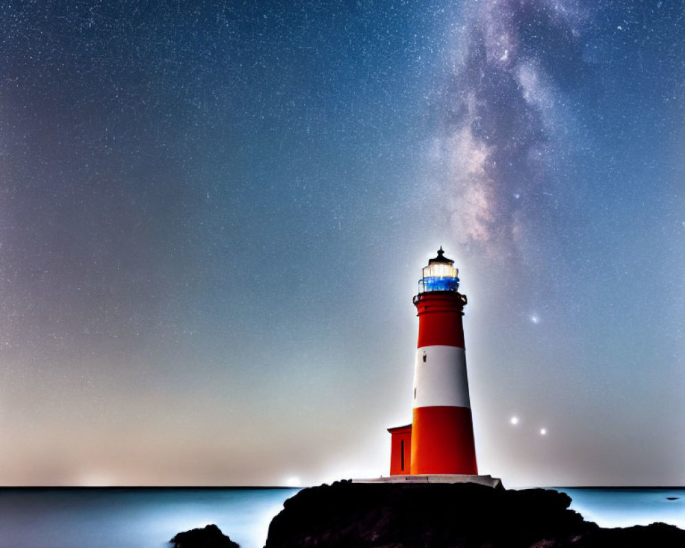 Red and white lighthouse on rocky shore under starry night sky