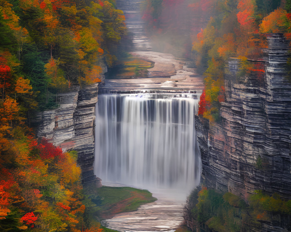 Autumn waterfall surrounded by vibrant foliage in forested canyon