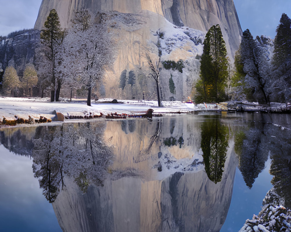 Snowy El Capitan Reflected in River with Trees and Blue Skies