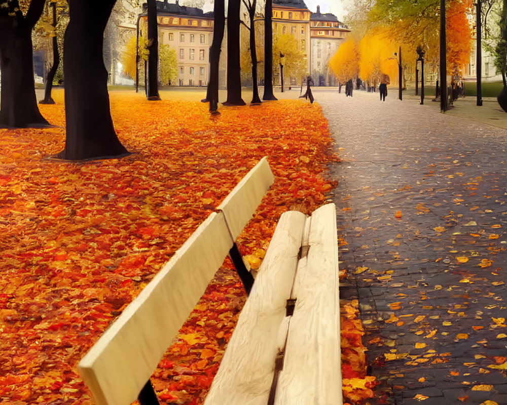 Tranquil autumn landscape with wooden bench and vibrant foliage