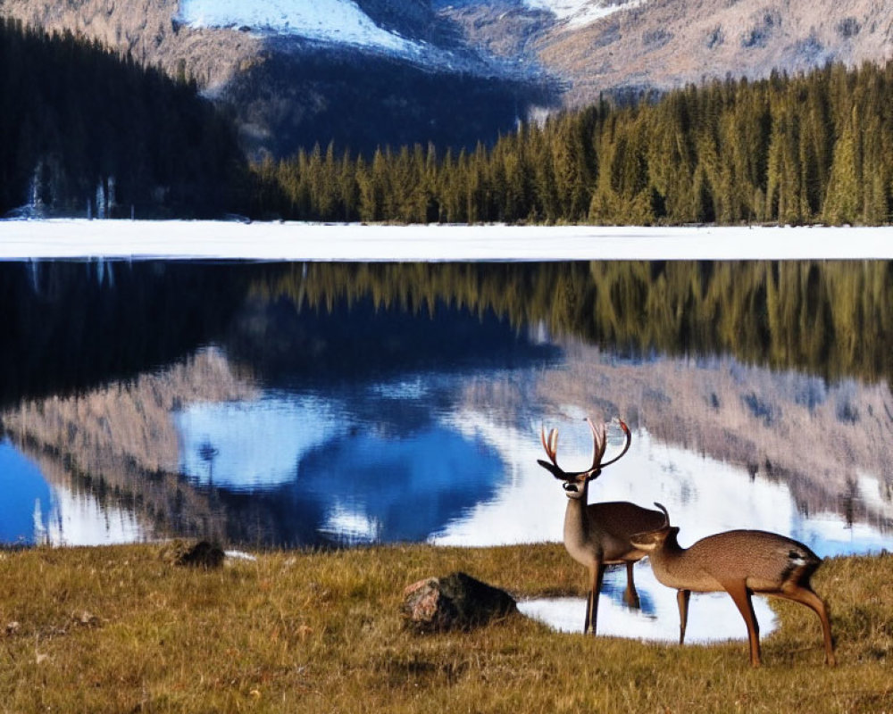 Deer by serene lake with snow-capped mountains reflection