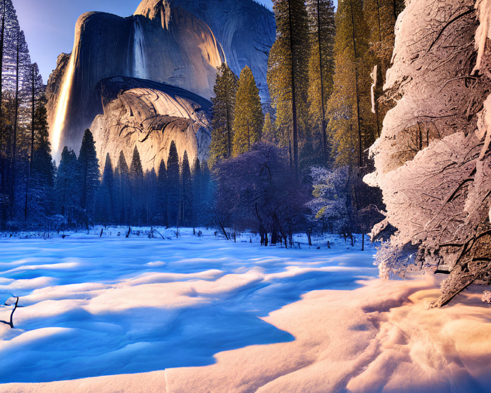 Vibrant sunset colors over snowy Yosemite landscape with Half Dome and frosted trees