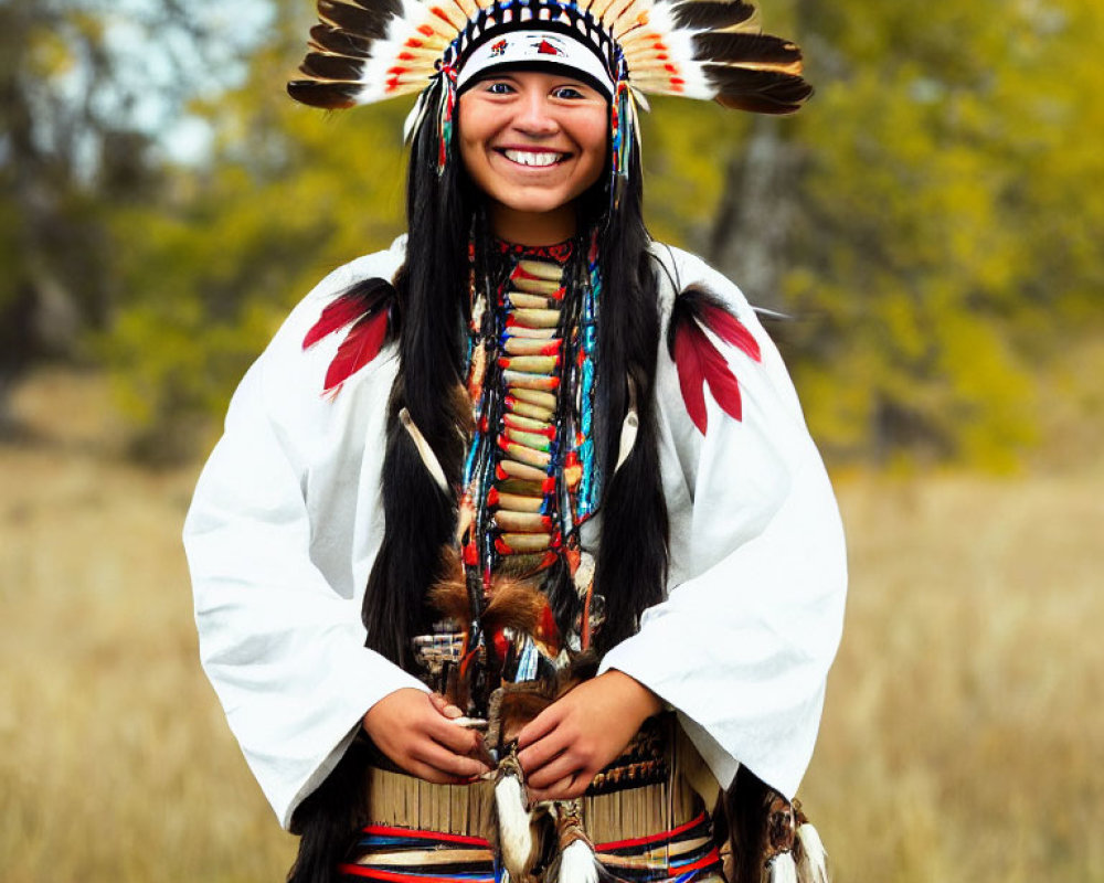 Person in Native American headdress smiles in grassy field