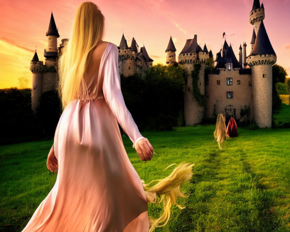 Blonde woman in pink dress walking to fairytale castle at sunset