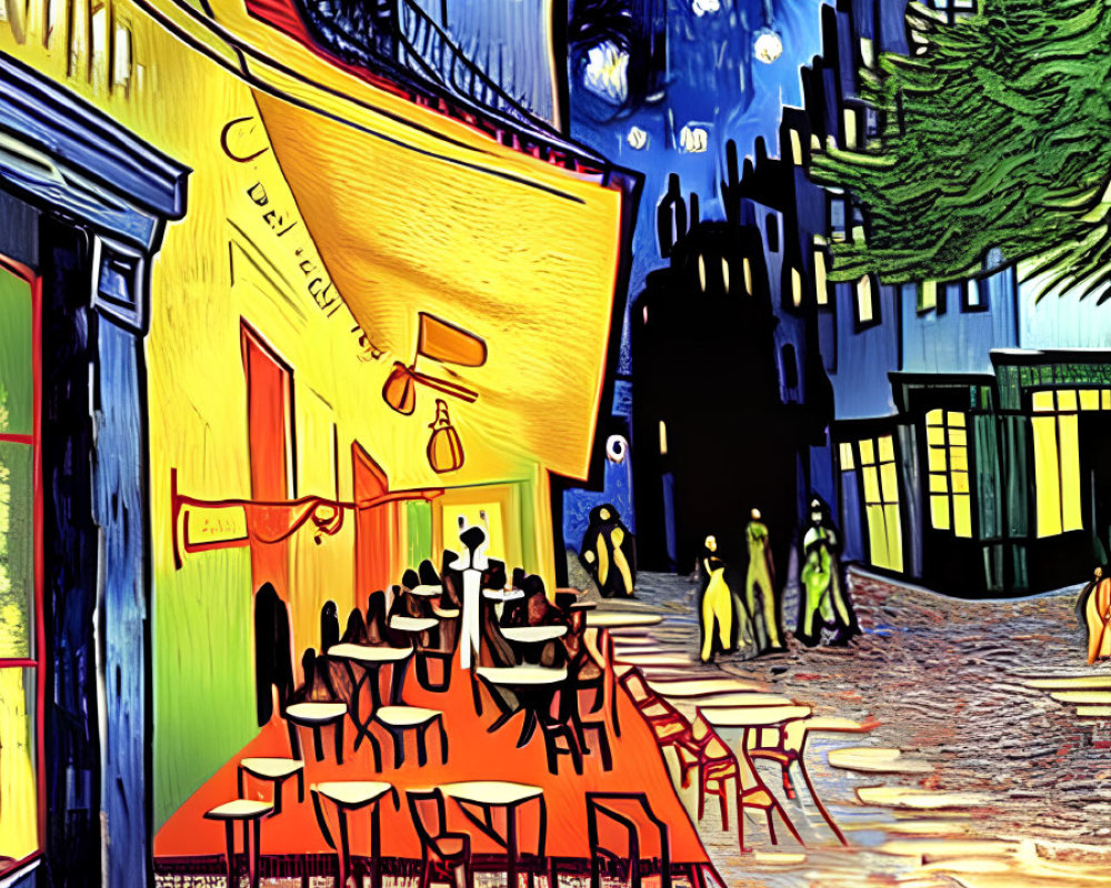 Colorful Van Gogh-style street cafe night scene with starry sky