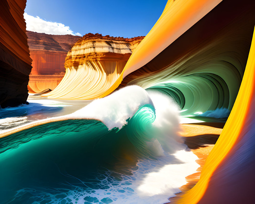 Surreal image of arid canyon landscape with vibrant orange cliffs and blue wave