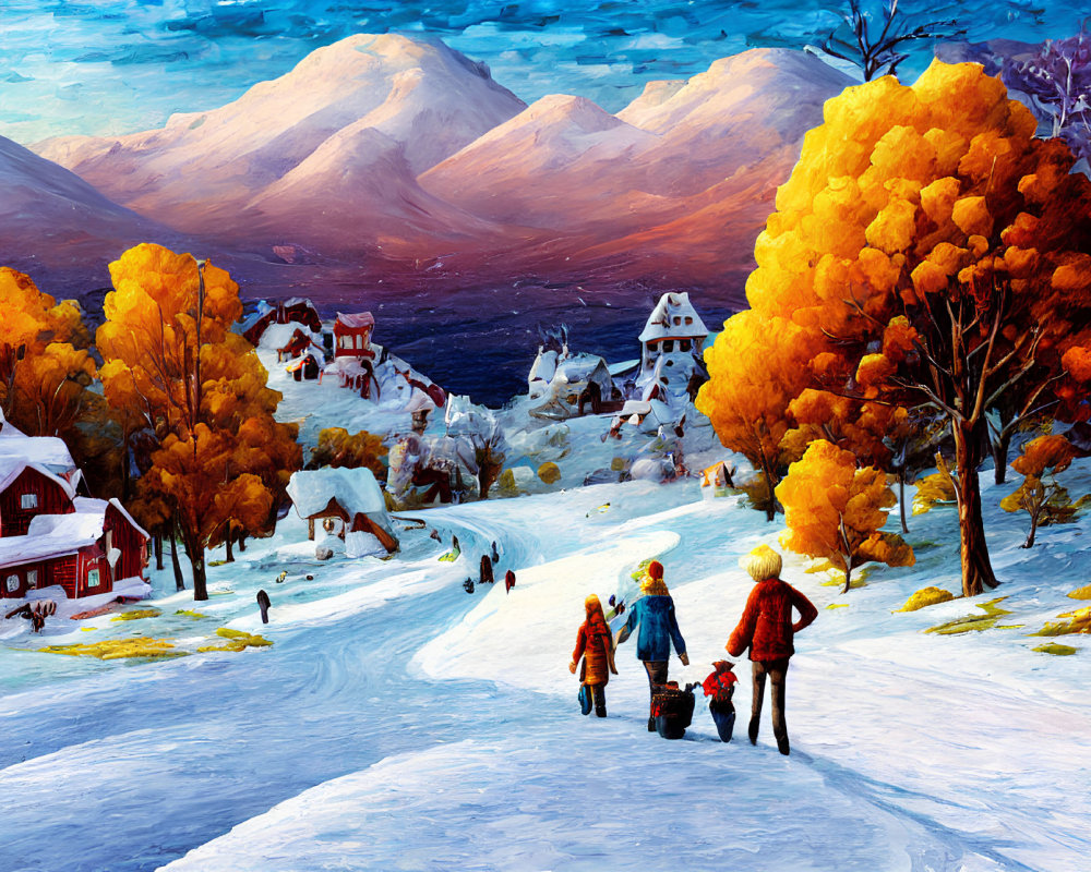 Snowy village scene with autumn trees and mountains in vibrant painting